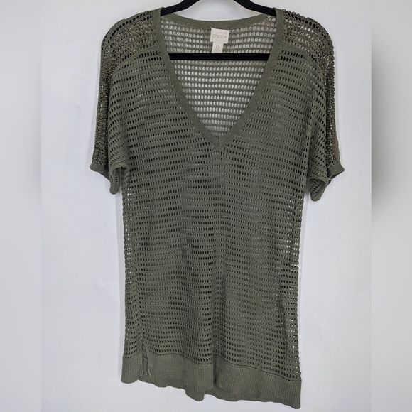 CHICO'S Mesh Sheer Grommet Shoulder V-neck Short Sleeve Sweater - Picture 1 of 8